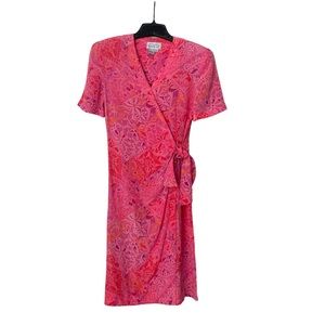 Adrianna Papell Mixed Print Pink Pure Silk Wrap Dress Size 6